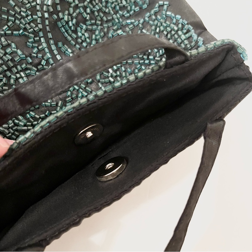Vintage Teal Green Beaded Evening Bag Black Satin - Picture 6 of 15